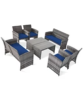 Gymax 8PCS Patio Outdoor Rattan Conversation Furniture Set w/ Navy Cushion