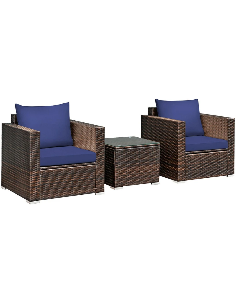 Gymax 3PCS Rattan Patio Outdoor Conversation Furniture Set w/ Navy Cushions