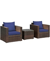 Gymax 3PCS Rattan Patio Outdoor Conversation Furniture Set w/ Navy Cushions