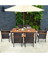Gymax 7PCS Rattan Outdoor Dining Set Patio Furniture Set w/ Cushions Umbrella Hole