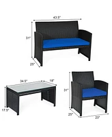 Gymax 4PCS Rattan Outdoor Conversation Set Patio Furniture Set w/ Navy Cushions