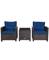 Gymax 3PCS Outdoor Patio Rattan Conversation Set Garden Yard w/ Navy Cushions