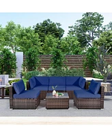 Gymax 6PCS Rattan Outdoor Sectional Sofa Set Patio Furniture Set w/ Navy Cushions