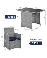 Gymax 3PCS Outdoor Rattan Conversation Set Patio Dining Table Set w/ Navy Cushions