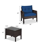 Gymax 3PCS Rattan Patio Conversation Furniture Set Yard Outdoor w/ Navy Cushions