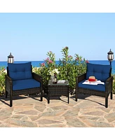 Gymax 3PCS Rattan Patio Conversation Furniture Set Yard Outdoor w/ Navy Cushions