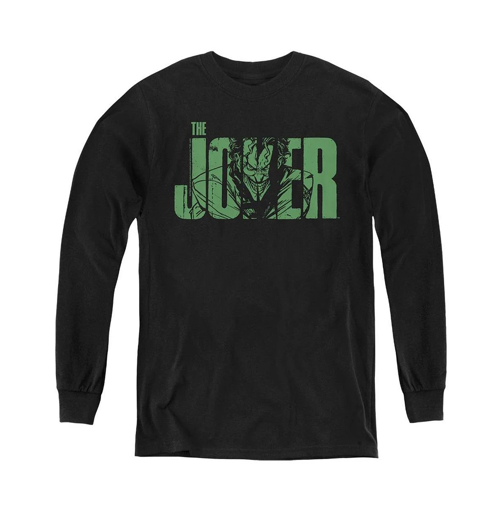 Batman Boys Youth Joker Text On Black Long Sleeve Sweatshirt