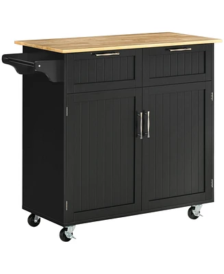 Homcom 41" Modern Rolling Kitchen Island on Wheels, Utility Cart Storage Trolley with Rubberwood Top & Drawers, Black