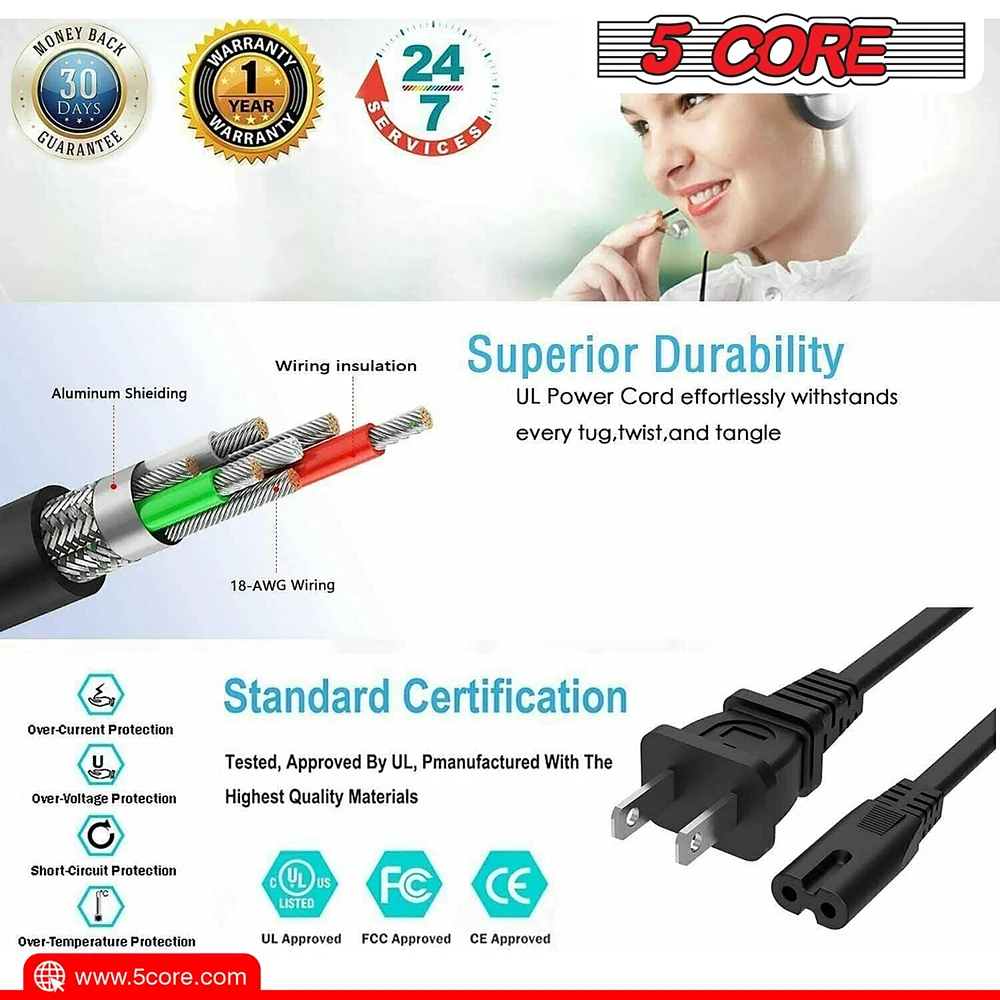 5 Core 2 Prong Extension Power Cord 12 Feet Durable Two Prong Extension Cable Us Ac Extension