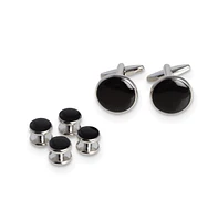 Diamond2Deal Rhodium-plated Black Enameled Cuff Link and Tuxedo Studs Set