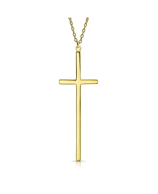 Bling Jewelry Modern Elongated Simple Basic Long Flat Thin Delicate Religious Latin Cross Pendant Necklace For Women Gold Plated Sterling Silver