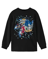 Starwars Boys Sonic The Hedgehog Modern Snowy Character Collage Crew Neck Long Sleeve Black Tee