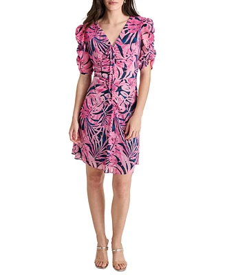 Dkny Petite Short-Sleeve Ruched V-Neck Chiffon Dress