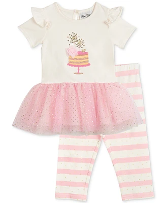 Rare Editions Baby Girls Birthday Cake Tutu Top and Striped Leggings, 2 Piece Set