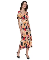 Karl Lagerfeld Paris Women's Geo-Print Square-Neck Puff-Sleeve Maxi Dress