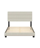 Boyd Sleep Sicily Upholstered Linen Tri Panel Platform Bed Frame with Headboard, Queen, Beige