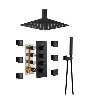 Mondawe 12" Ceiling Mounted Thermostatic Complete Shower System Set with Handheld Spray & 6 Body Jets, Black