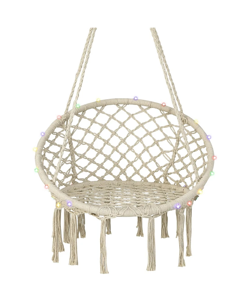 Gymax Hammock Chair Led Lights Hanging Cotton Rope Macrame Swing Indoor Outdoor Beige