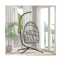 Merrick Lane Riley Foldable Woven Hanging Egg Chair With Removable Cushion And Stand For Indoor Outdoor Use