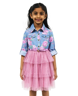 Pink & Violet Toddler Little Girls Floral-Print Denim Tutu Dress