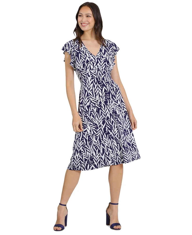 London Times Petite Printed Flutter-Sleeve Dress