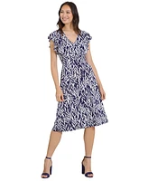 London Times Petite Printed Flutter-Sleeve Dress