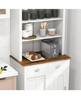 Freestanding Kitchen Pantry with Hutch Sliding Door and Drawer-White