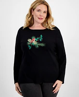 Holiday Lane Plus Embellished Cardinal Long-Sleeve Top, Created for Macy's