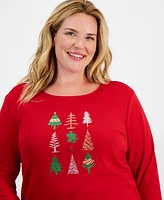 Holiday Lane Plus Festive Tree Long-Sleeve Top, Created for Macy's