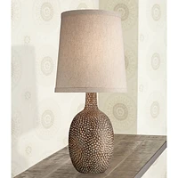 360 Lighting Chalane Rustic Farmhouse Accent Table Lamp 23.5" High Antique Bronze Hammered Texture Natural Beige Linen Fabric Shade for Living Room Be