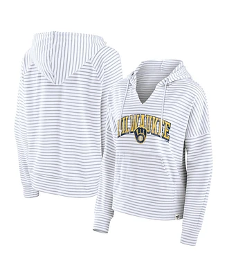 Fanatics Women's White Milwaukee Brewers Striped Fundamentals Notch Neck Pullover Hoodie