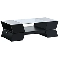 Simplie Fun 6mm Glass-Top Coffee Table With Open Shelves And Cabinets, Geometric Style Cocktail Table