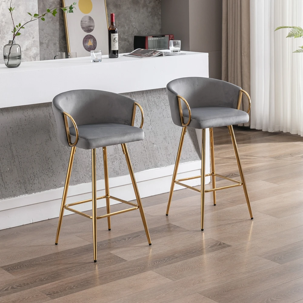 Streamdale Furniture 26 Inch Set Of 2 Bar Stools, With Chrome Footrest And Base Velvet + Leg Simple Barstool