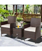3 Pieces Patio Cushioned Rattan Converstaion Set With Glass Table Top