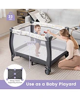 Costway Boys Portable Playard Nursery Center Crib Bassinet with Hanging Toys & Music Box