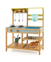 Costway Wooden Play Kitchen Set, Outdoor Kid's Mud Kitchen with Faucet & Water Box