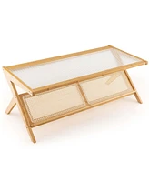 Bamboo Coffee Table 48'' 2-Tier Glass Tabletop Handwoven Rattan Storage Shelf