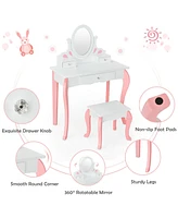 Kids Vanity Princess Makeup Dressing Table Stool Set W/ Mirror Drawer