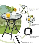 Patio Folding Round Glass Side Table Bistro Coffee Table Plant Stand