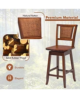 Set of 2 Swivel Bar Stools Counter Height Rubber Wood Pub Chairs w/ Rattan Back