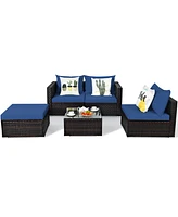 Gymax 5PCS Cushioned Rattan Patio Conversation Set w/ Ottoman Navy Cushion