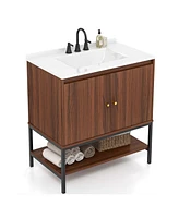 Costway 31" Bathroom Vanity Sink Combo Wooden Bathroom Storage Cabinet with Doors