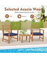 Costway 3 Pcs Outdoor Furniture Set Acacia Wood Conversation with Soft Seat Cushions