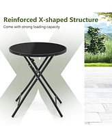 23'' Round Folding Table Outdoor Patio Bistro Table with Tempered Glass Tabletop