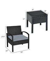 3PCS Patio Rattan Furniture Set Coffee Table Conversation Sofa Cushioned