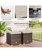 Costway 2PCS Patio Rattan Ottomans Seat Side Table Storage Box Footstool with Cushion