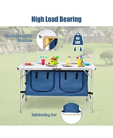 Gymax Folding Camping Table Aluminum Height Adjustable w/ Storage Organizer Dark Blue