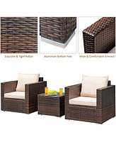 Gymax 3PCS Patio Rattan Outdoor Furniture Set w/ Cushioned Sofa Coffee Table