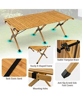 Gymax Portable Folding Bamboo Camping Table w/ Carry Bag Outdoor & Indoor Natural