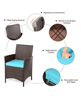 3PCS Patio Rattan Furniture Set Cushioned Sofa Glass Tabletop Deck